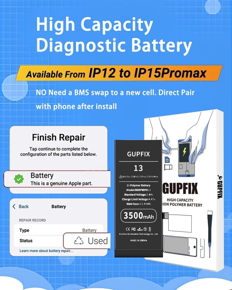 GUPFIX Diagnostic Battery for iPhone 13 No Pop-up Unknown Part Warning, 3500mAh High Capacity Li-Polymer Rechargeable Battery Replacement for iPhone 13 with Full Tool Kit - Image 3